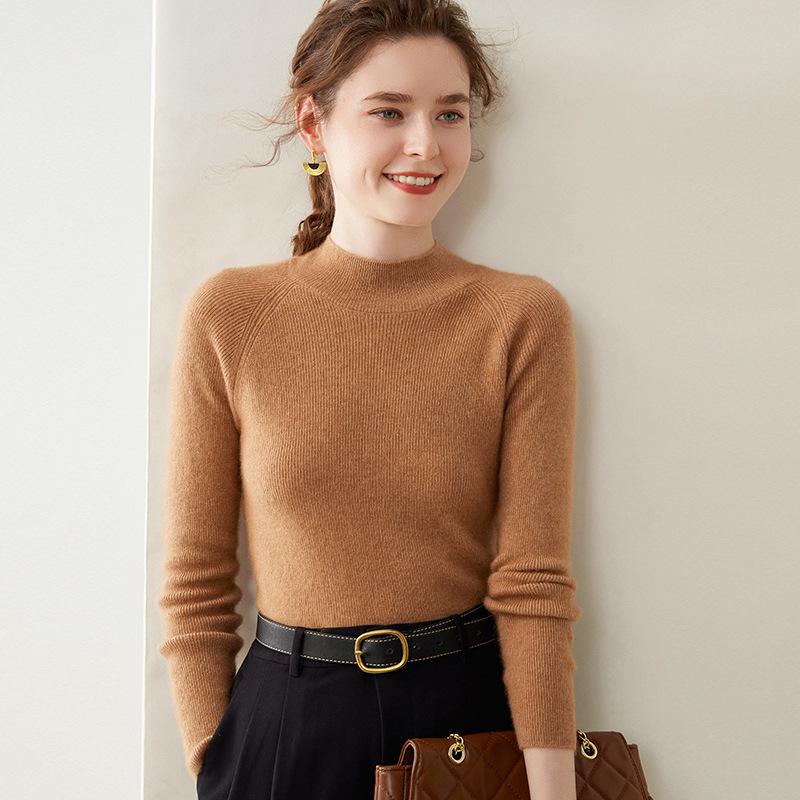 Women's Striped Half-High Neck Cashmere Slim Fit Sweater - Versatile Knitwear Base Layer