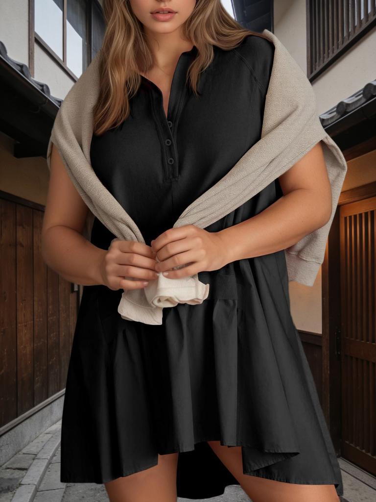 Womens V Neck Sweatshirt Dress Short Sleeve Oversized Patchwork Mini Dress