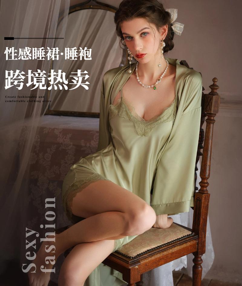 Women's summer thin sexy nightdress two-piece set pure desire temptation suspender pajamas spring and autumn bathrobes loungewear