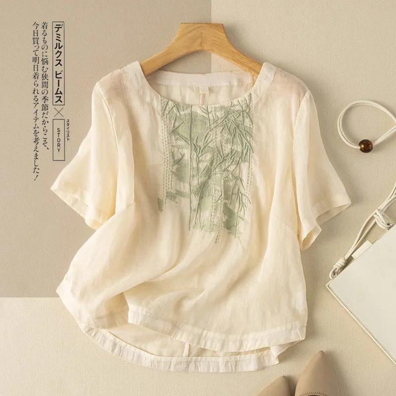 Women s Blouse with Green Bamboo Embroidery Shirts L