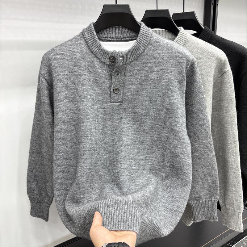 Retro Solid Color Henley Knit Sweater - Men s Casual Round Neck Style L темно-серого