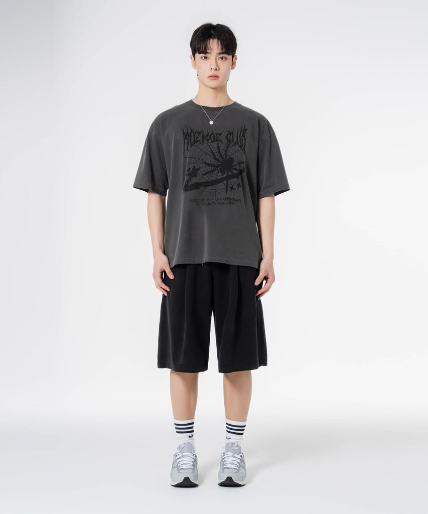 MOZMOZ [Set] Spider Pigment Short Sleeve + Pigment Wide Single-Pleat Shorts Set-Up
