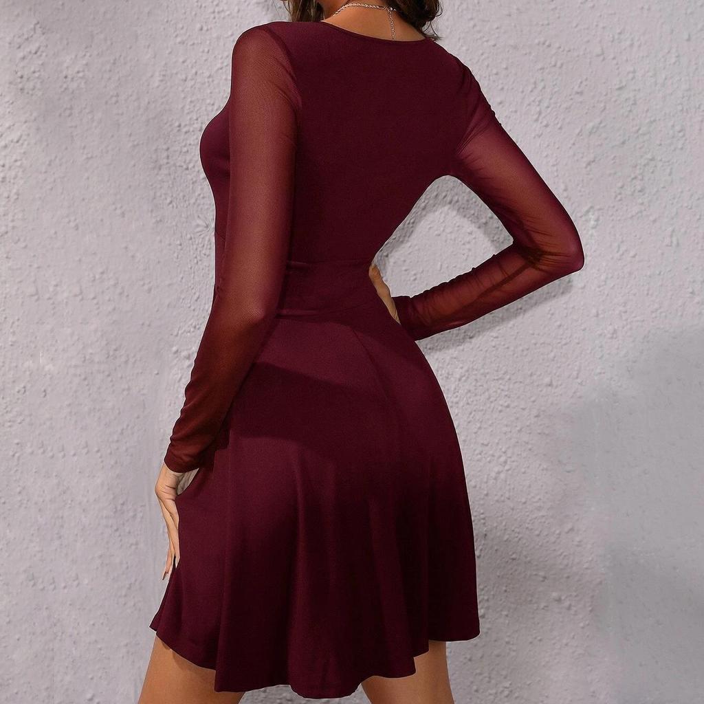 קיץ סקסי V צווארון Slim Fit Mesh שמלת שרוולים ארוכים שמלת מסיבה דקה אלגנטית לנשים