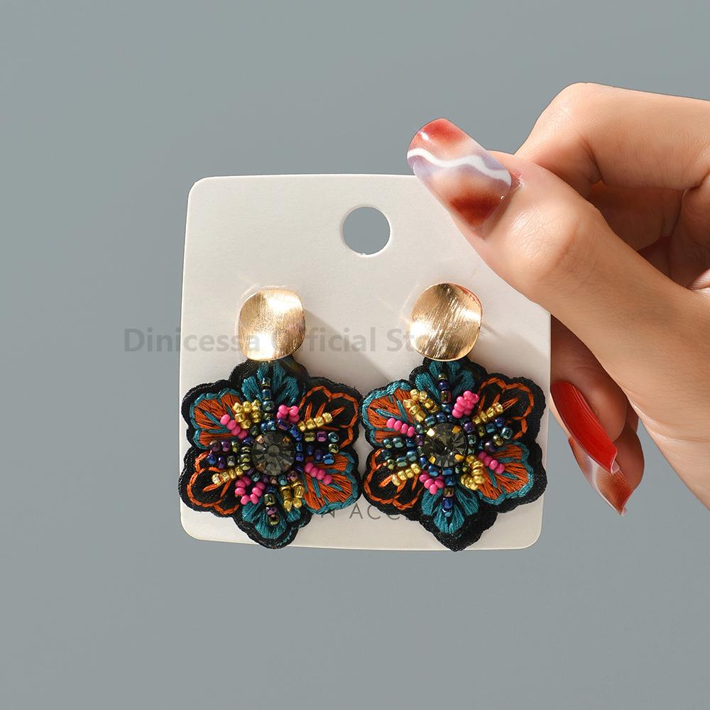 Vintage Flower Beads Handmade Weave Statement Jewelry Big Dangle Drop Earrings For Women Trend Luxury Charm Unique Accessories