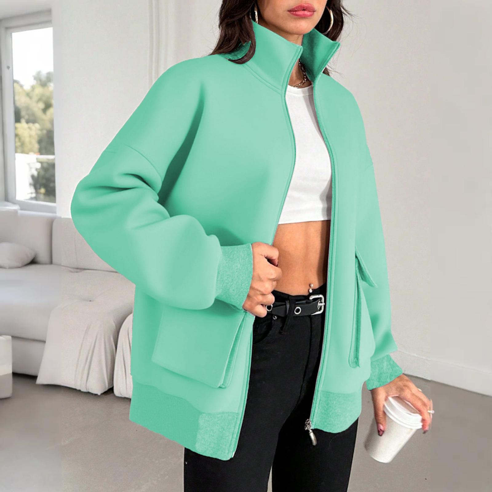 

Женская мода однотонная водолазка бейсбольная форма длинный рукав куртка на молнии XXL зелёный