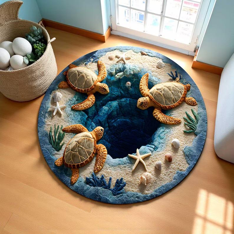 3D Ocean Vortex Round Rug Sea Turtles Swimming Over Blue Whirlpool Carpet Immersive Undersea Floor Art for Kids Room Decoration