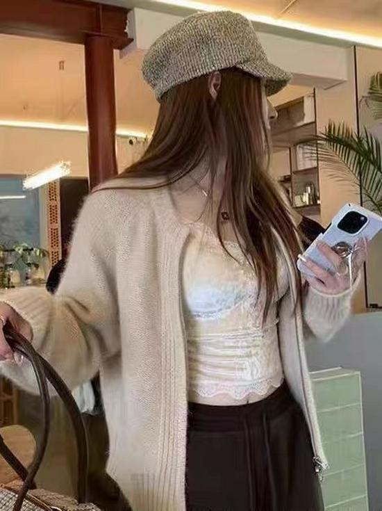 Women's Stylish Short Wool Knit Cardigan, Round Neck, Autumn Winter Cashmere Sweater Coat with Double Zipper.