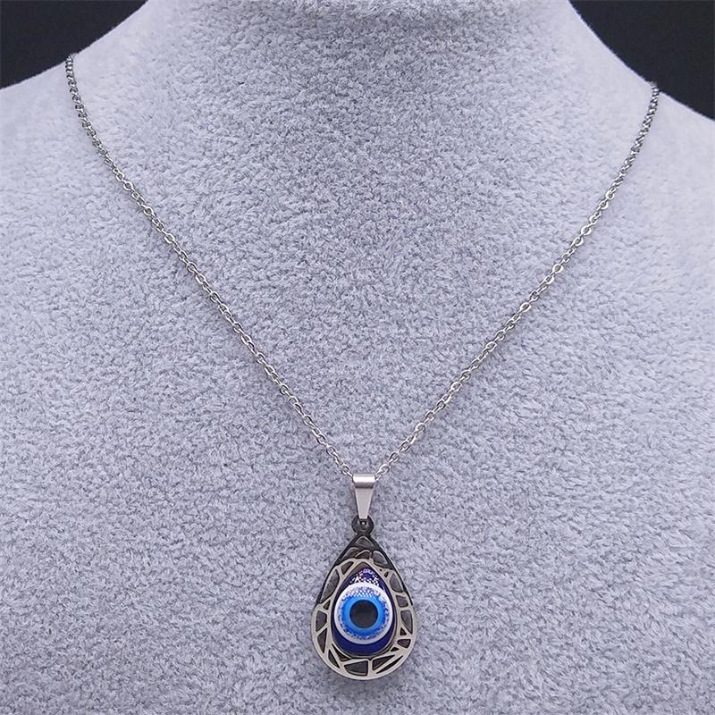 Collana Ciondolo Occhio Blu Malvagio Turco per Donne Uomini Acciaio Inossidabile Colore Argento Occhi Fortunati Amuleto Gioielli di Protezione N8022S01