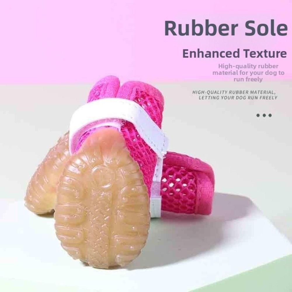 4Pcs Non-slip Dog Breathable Net Shoes Hollow Out Rubber Sole Mesh Dog Shoes Wear-resistant Adjustable Strap Dog Sneakers