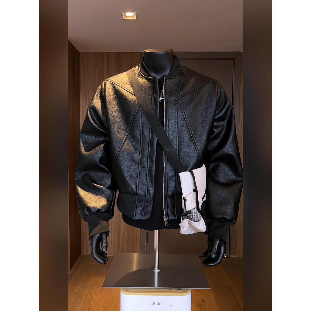 Men's Cool Black Leather Motorcycle Jacket - High-End Autumn/Spring Wear