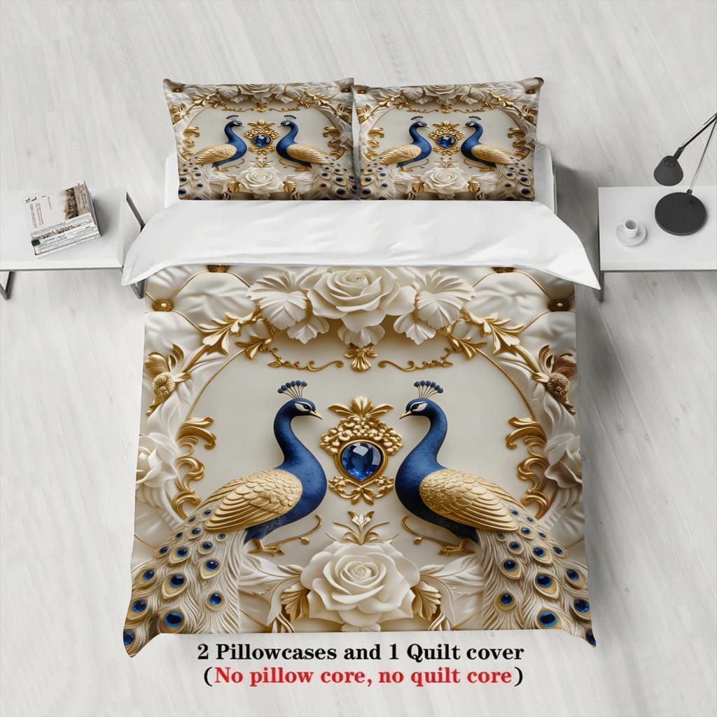 Peacock Floral Bedding Set Cream Gold Blue Peacock And Rose Pattern Duvet Cover Pillowcases For Bedroom Decor