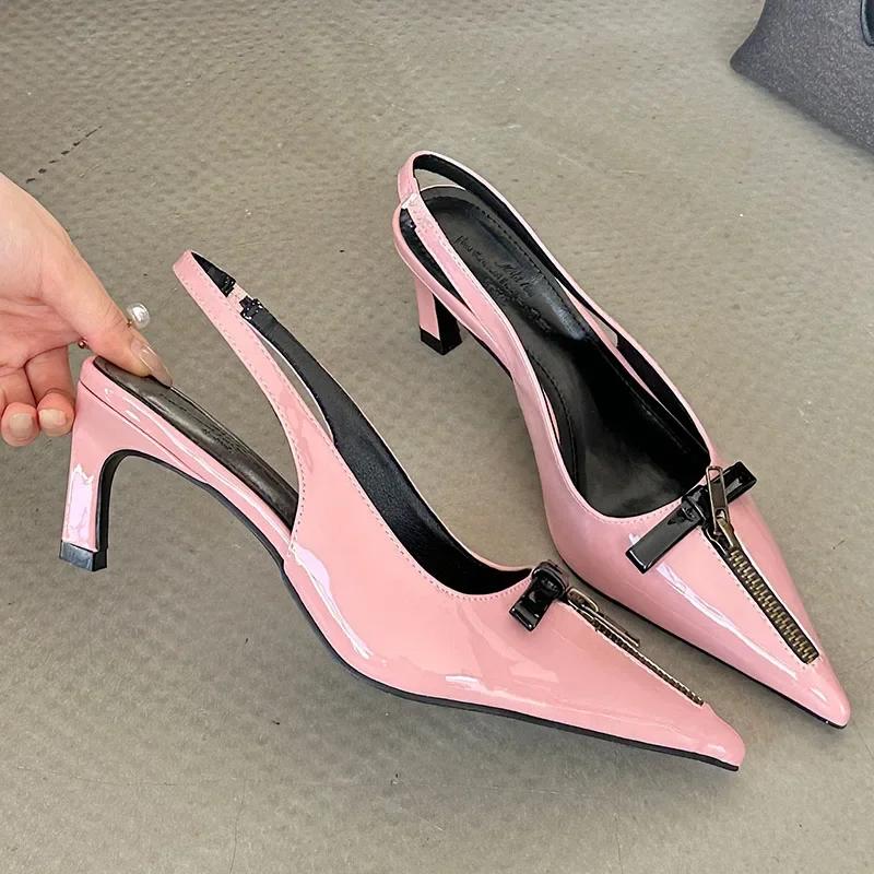 

Sexy Pointed Toe Bow Thin Heeled Metal Zipper Women High Heels Fashion Brand Design Backless Wedding Bridal Elegant Women Shoes 39 розовый