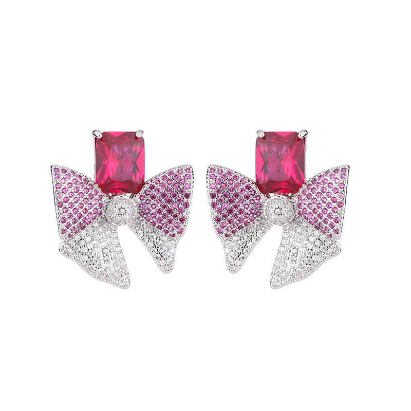 Autumn and Winter New Retro Colored Zirconium Earrings Fashionable Versatile Earrings 925 Silver Needle Bow Premium Women's Style