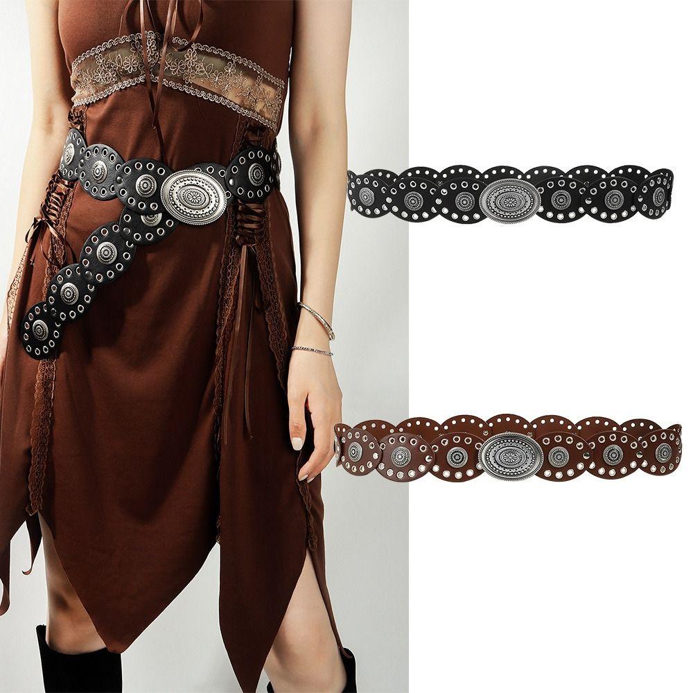 

Vintage Cowgirl Buckle Belt Jeans Decor Oval PU Hollow Belt Cowboy Waistband Dress Decoration чорний