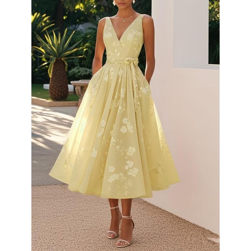 DAFIFY Women's Fashion Summer Spring Flower Pattern Print Sleeveless V-Neck High Waist Casual Dresses