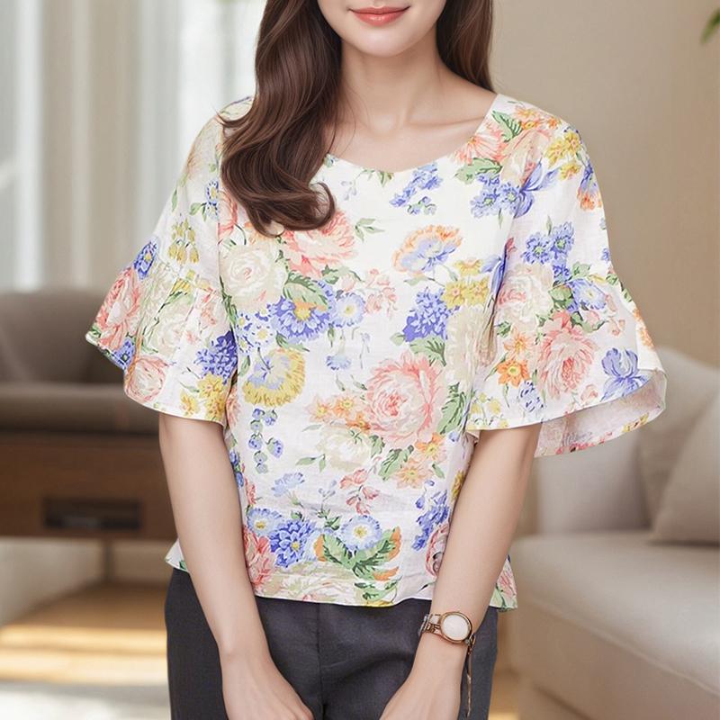 ZANZEA Women Casual Round Neck 3/4 Sleeve Loose Floral Blouse