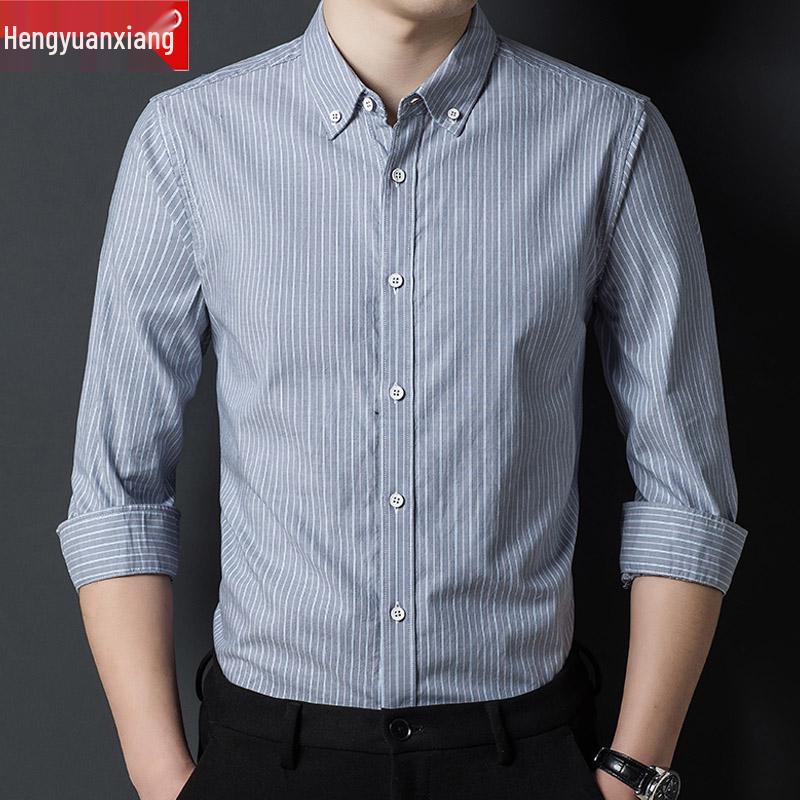 Hengyuanxiang Men's Non-Iron Striped Cotton Long-Sleeve Shirt - Spring & Autumn Casual Loose Fit
