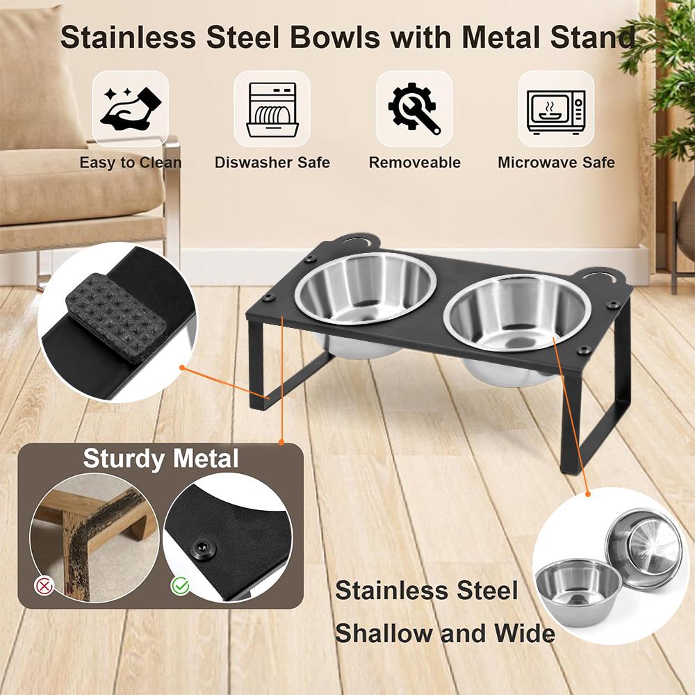 Cat Feeder Elevated Cat Bowls 2 Stainless Steel Bowls for Indoor Pet with Cute Metal Stand 15° Tilted Anti-Vomiting for Cats