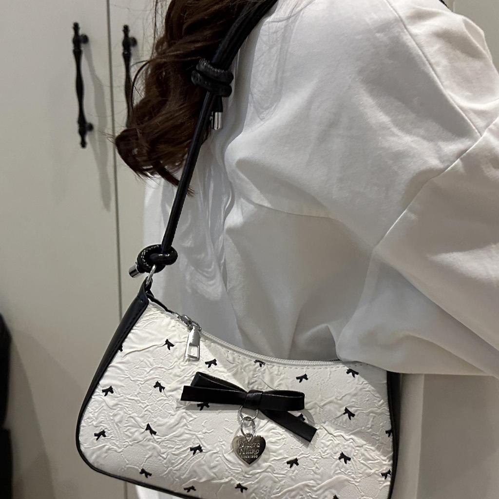 Korean Sweet Seersucker Bow Shoulder Bag, Women's Black & Pink Color Block Crossbody