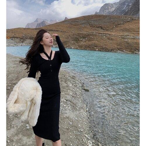 Buy Pure Color Sweater Dress Women Elegant Knitted Midi Dress Party 21 Autumn Long Sleeve Slim Sexy One Piece Dress Korean Fashion At Affordable Prices Free Shipping Real Reviews With Photos Joom