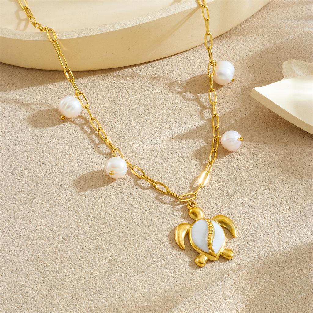 DIEYURO 316L Stainless Steel White Dripping Oil Animal Turtle Pearl Pendant Necklace Lady Fashion Neck Chain Jewelry Gift
