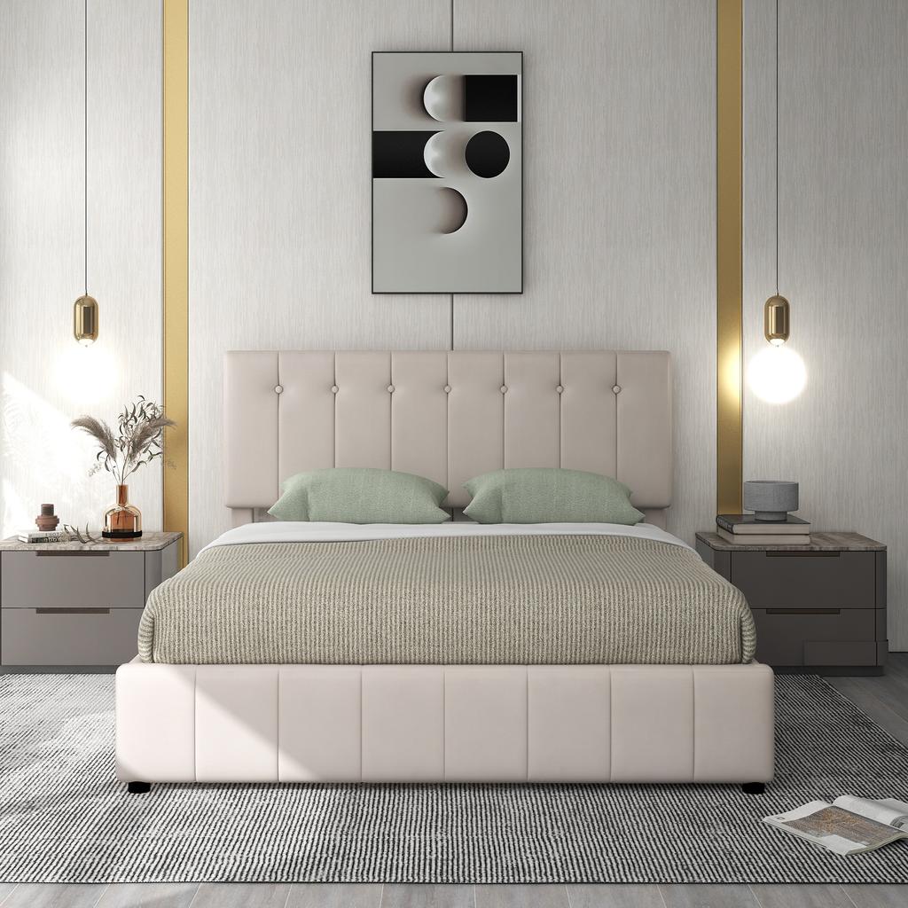 Upholstered Bed 140*200, Hydraulically Liftable Storage, Height-adjustable Headboard, Metal Slatted Frame, Skin-friendly Velvet Fabric, Cream White