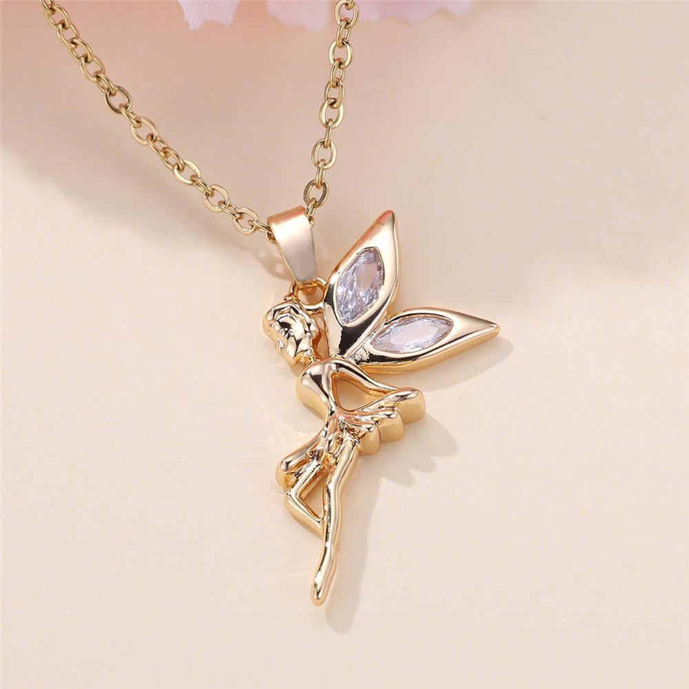 Female White Crystal Angel Pendant Necklace Vintage Gold Color Wedding Jewelry For Women