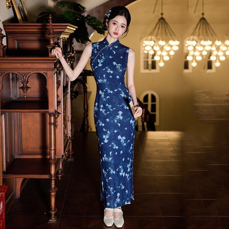 Womens Sleeveless Long Cheongsam Dress In Blue Linen Silk Blend Vintage Modern Fit Small