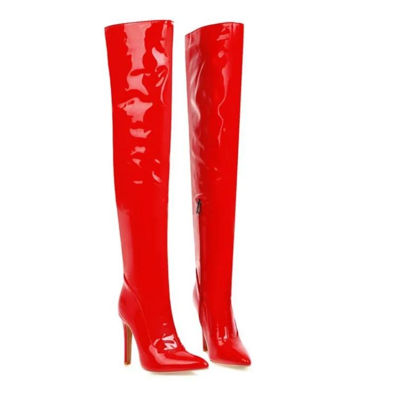 Women Boots Over The Knee Sexy Fashion Boot 10.5CM Stiletto New Patent Leather Side Zipper Pole Dance Nightclub White Women Shoe