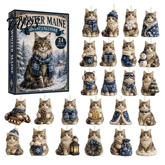 Animal Theme Party Favors Christmas Cat Dog Advent Calendar, 24Pcs Acrylic 2D Ornament Set Tree Ornaments with Cute Kitten/Dog/Lion Designs,