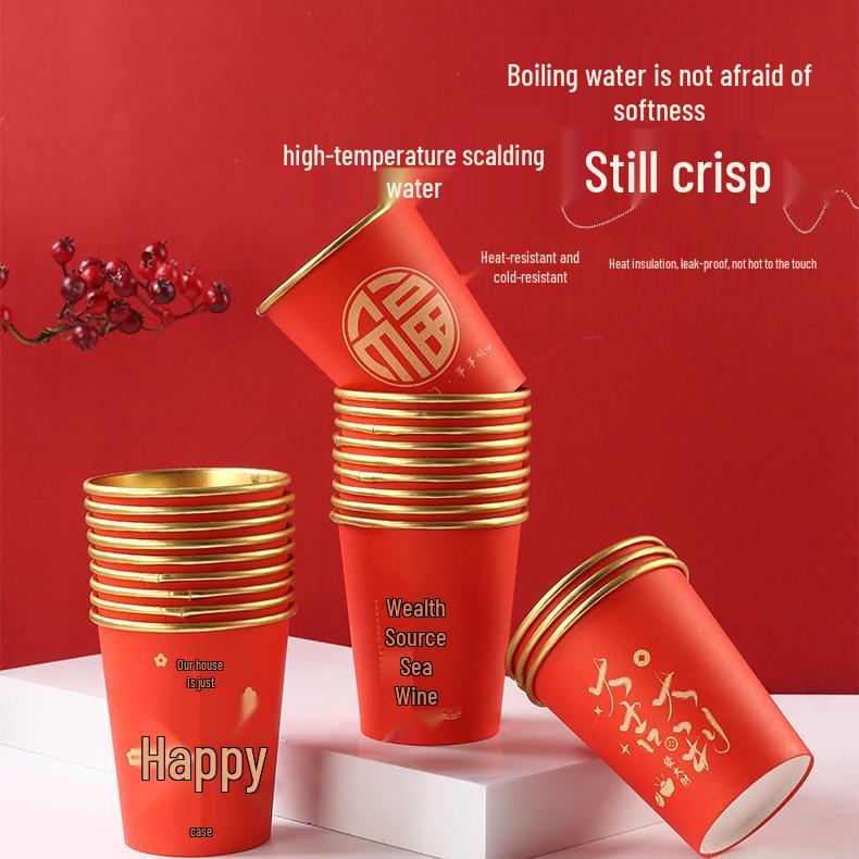 Wedding Anniversary Double Happiness Gold Foil Paper Cups - Red Disposable Happy Cups for Banquets 50 cups