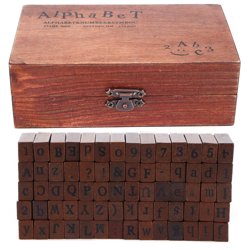 70Pcs Set Stamps Kit Vintage Wood Alphabet Letter Number Stampers for DIY Scrapbook