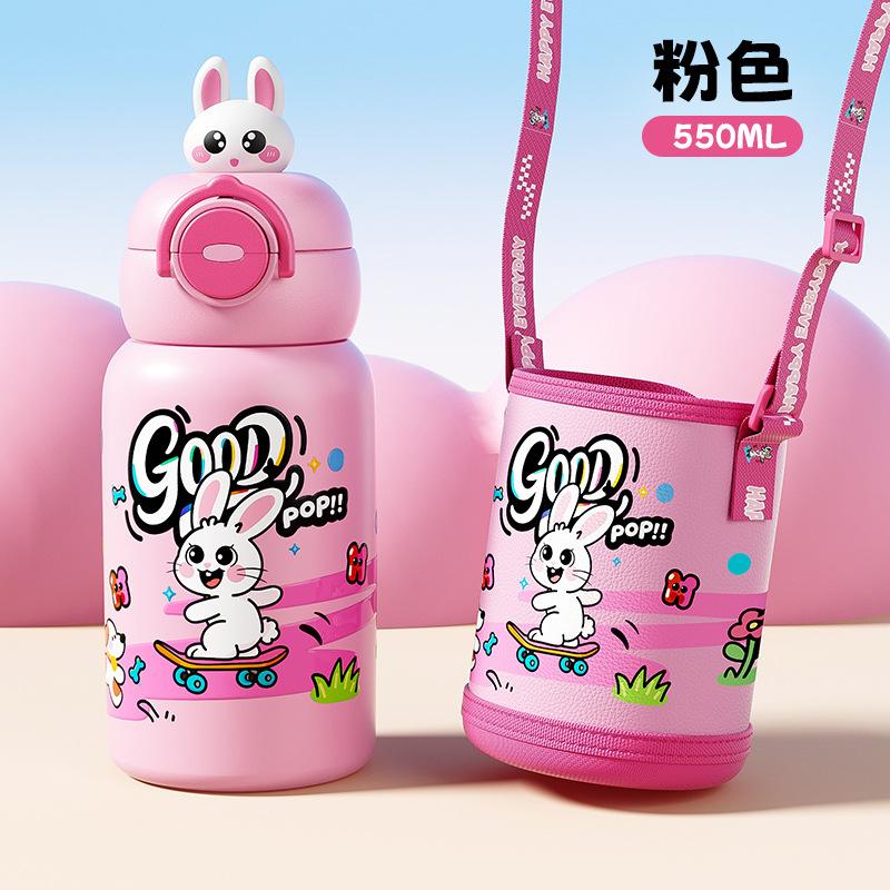 Children s thermos cup Student portable straw water cup Cartoon strap accompanying cup 550ml
