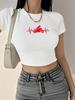 Y2K Vintage Motorcycle Print Crop Top - Slim Fit, Round Neck, Short Sleeve