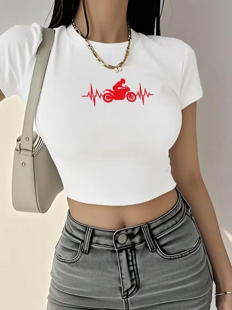 Y2K Vintage Motorcycle Print Crop Top - Slim Fit, Round Neck, Short Sleeve