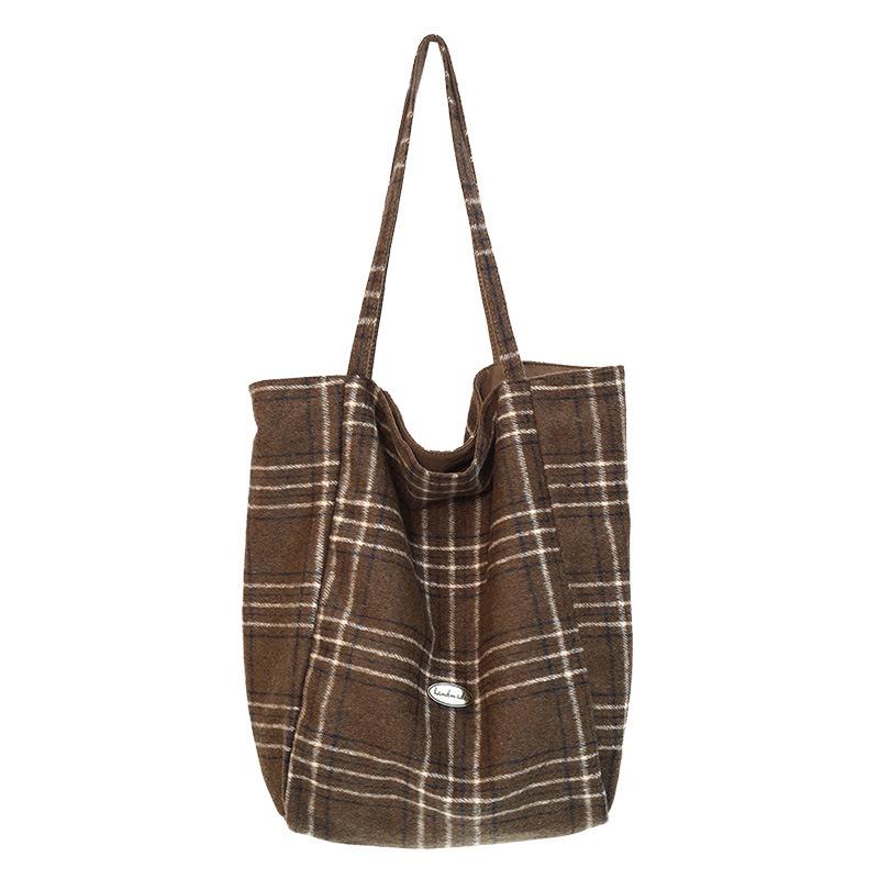 Plaid canvas bag women's autumn and winter new tote bag casual large capacity portable shoulder cloth bag lazy wind