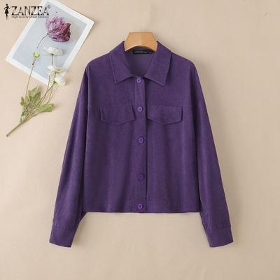 Women Turn Down Collar Long Sleeve Casual Corduroy Blouse