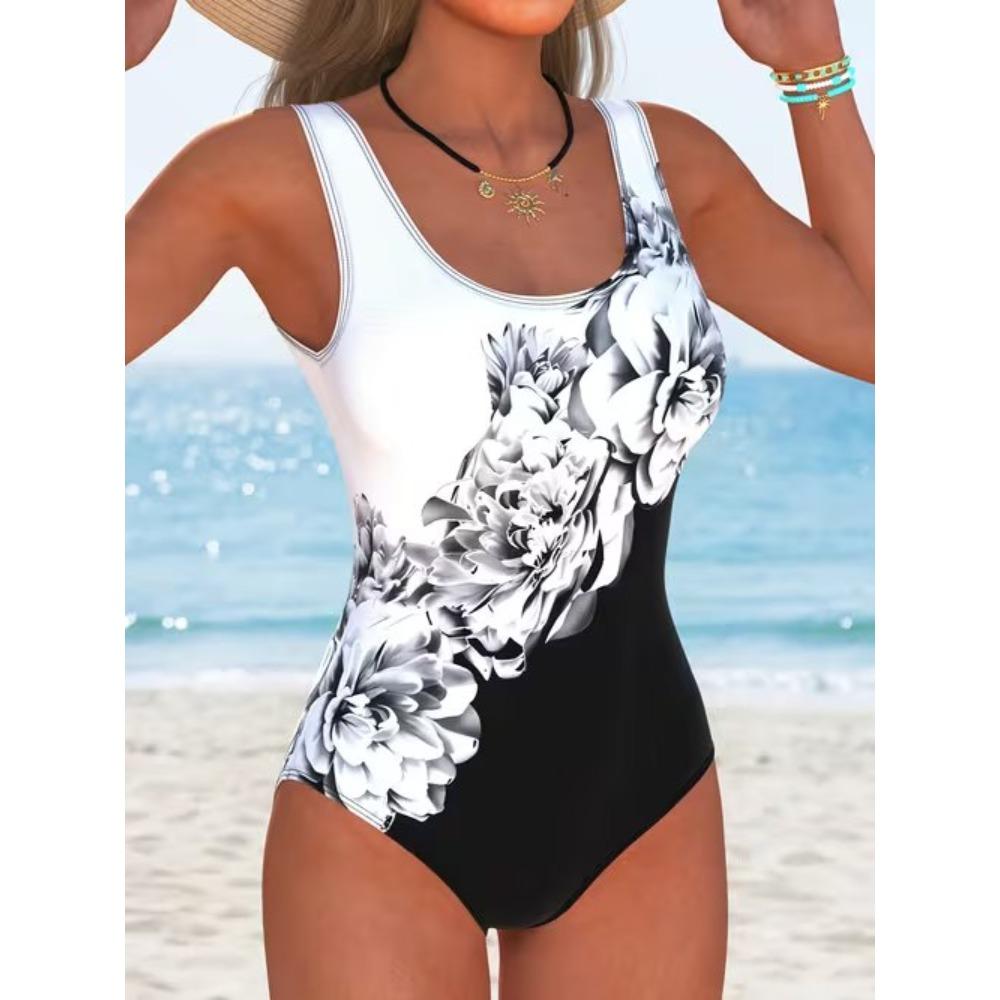 Sommer Sexy Blumenmuster Gedruckter Einteiler Badeanzug Schlanke Passform und Schlankmachend, Tiefes U-Rücken-Design, Strand Pool Urlaub Auffälliger Mode Badeanzug