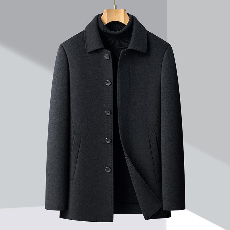 Men's Mid-length Double-faced Cashmere Coat with Down Inner Layer - Dad Style Woolen Outerwear