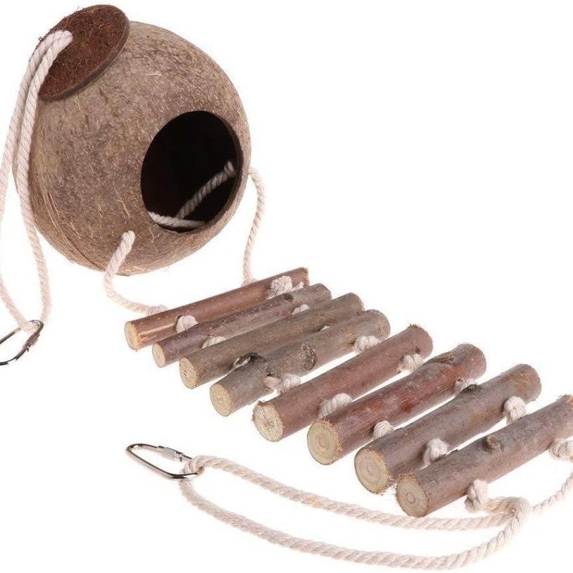 Casa de Passarinho de Casca de Coco para Papagaio com Escada de Nuvem Brinquedo de Madeira para Pássaros para Decoração de Gaiola