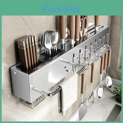 Stainless Steel Wall Mount Kitchen Utensil Organizer With Multiple Hooks For Home Storage