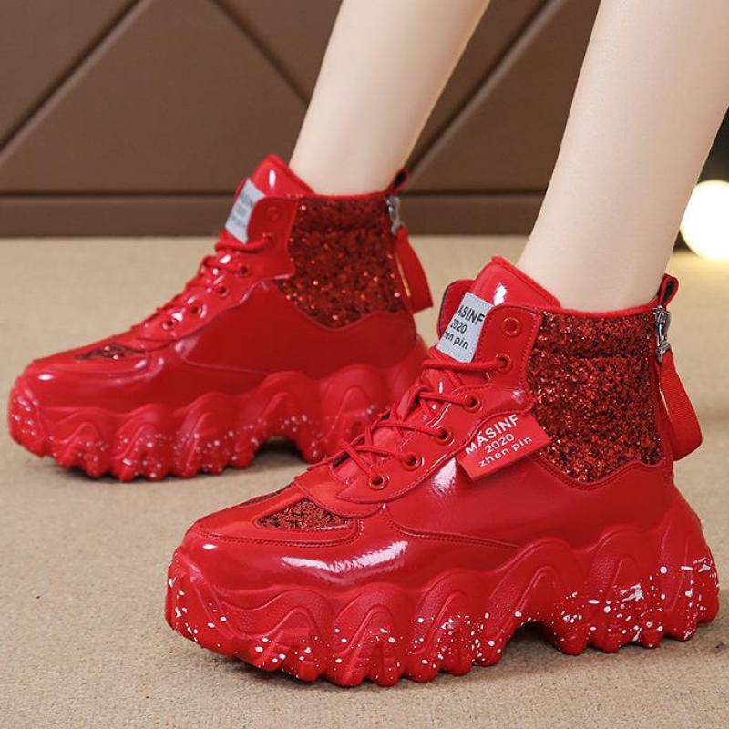 Winter Red Women Ankle Boots With Fur Platform High Top Women Shoes Thick Sole Leather Women Snow Boots Bling Ladies Casual Shoe