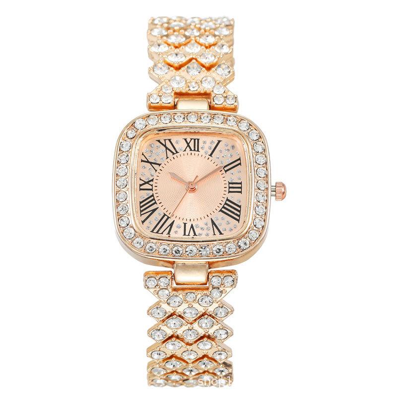 Fashion Watch Full Diamond Steel Belt Diamond Women'S 2-Piece Set Watch Roman Rhinestone Bracelet Women'S Watch