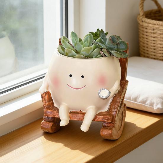 Rocking Chair Smily Face Planter Outdoor Unique Sit Rocking Chair Flower Pots Funny Planter Pot with Drainage Holes for Indoor Outdoor Plants