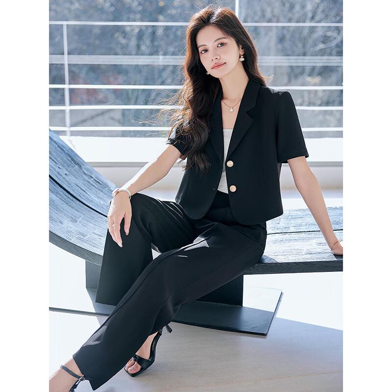 Women's Petite Summer Short Sleeve Blazer & Pants Suit Set