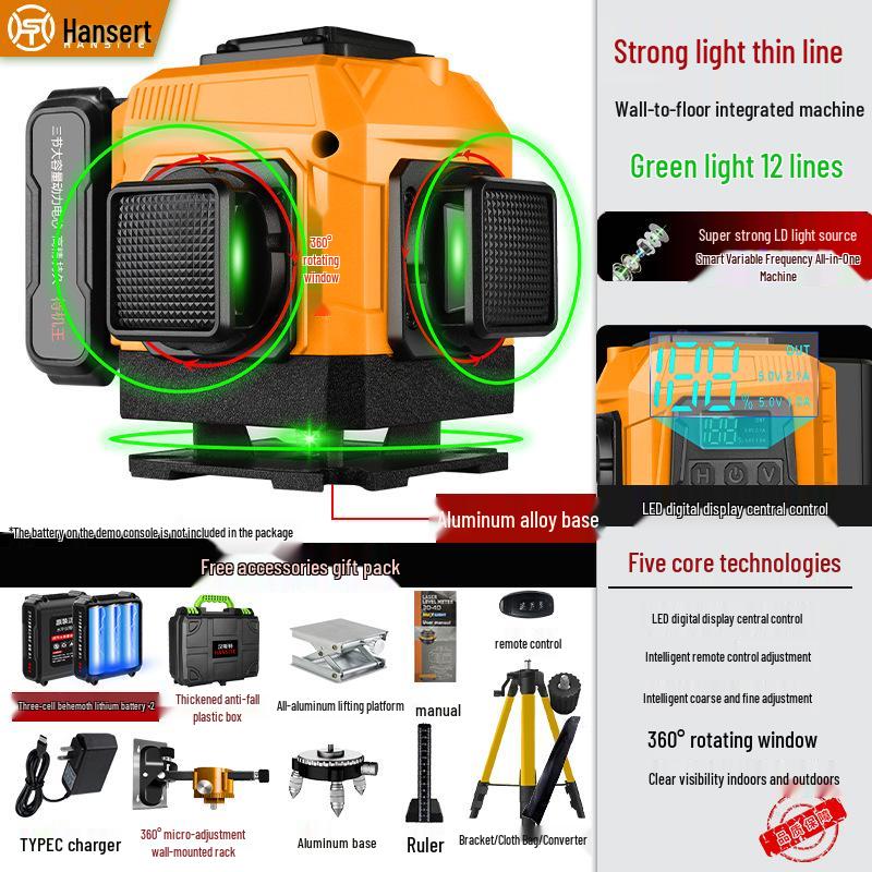 16-line High Precision Green Laser Level with Automatic Leveling for Indoor/Outdoor Use