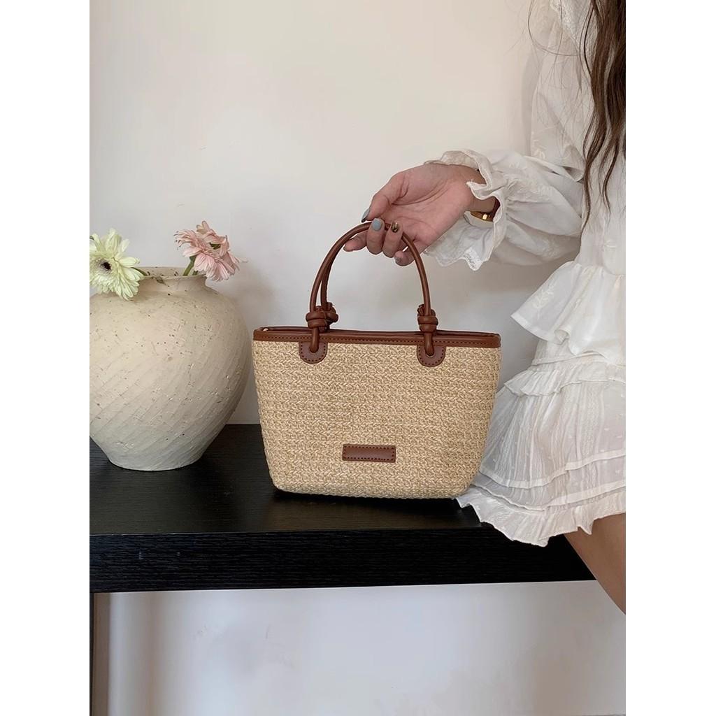 IELGY Beach Wind Hand-woven Small Bag, Shoulder Crossbody Vegetable Basket, Bucket Straw Bag