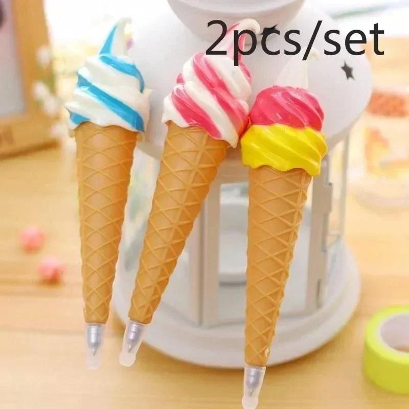 2pcs Set Creative Ice Cream Shape Ballpoint Pen Gel Student Stationery Gift School Writing Supplies Kawaii Stationery Random