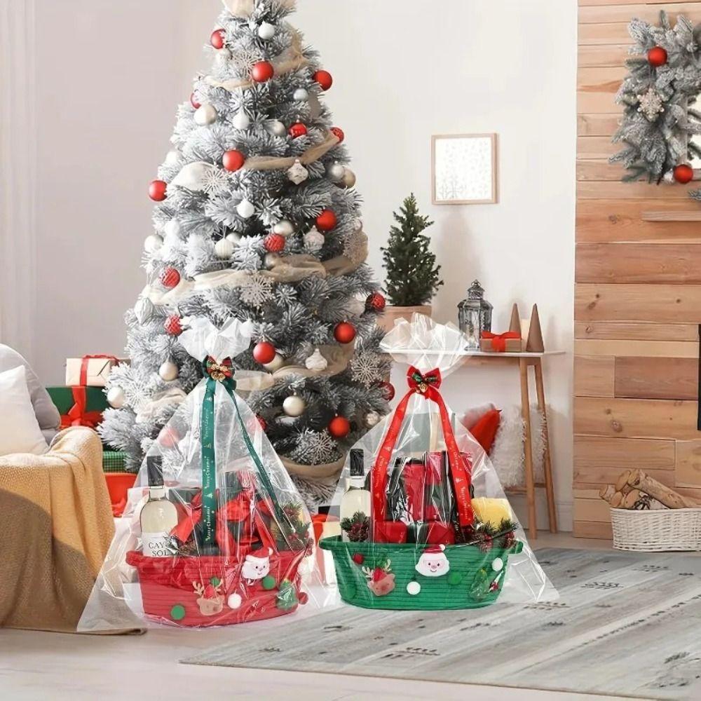 Large Capacity Christmas Gift Basket Cotton Rope Green Red Gift Storage Basket Cartoon Universal Candy Basket