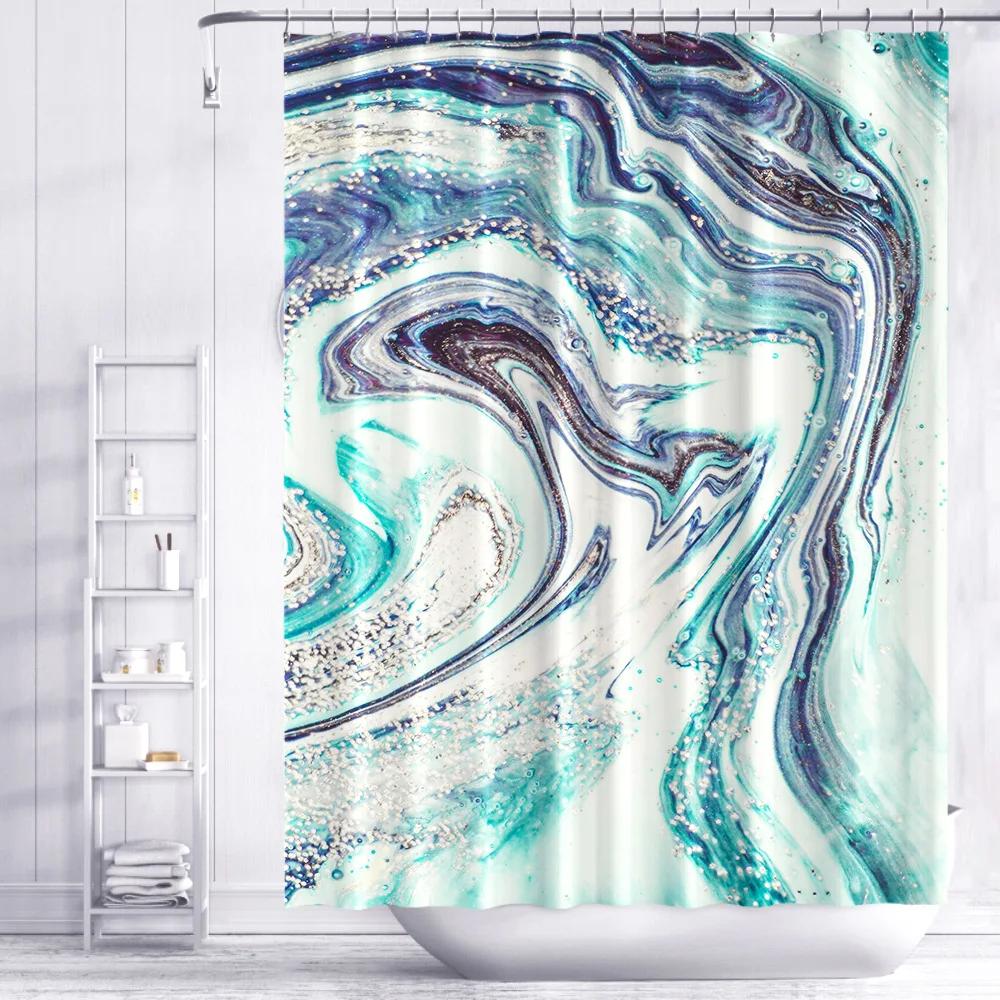 Nordic Gradient Marble Shower Curtain Blue Gold 3D Printing Texture Thickening Waterproof Polyester Bathroom Curtains With Hooks
